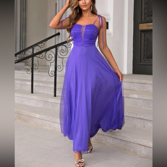 Luxe mesh overlay party formal evening prom bridesmaids dress - Picture 4 of 12